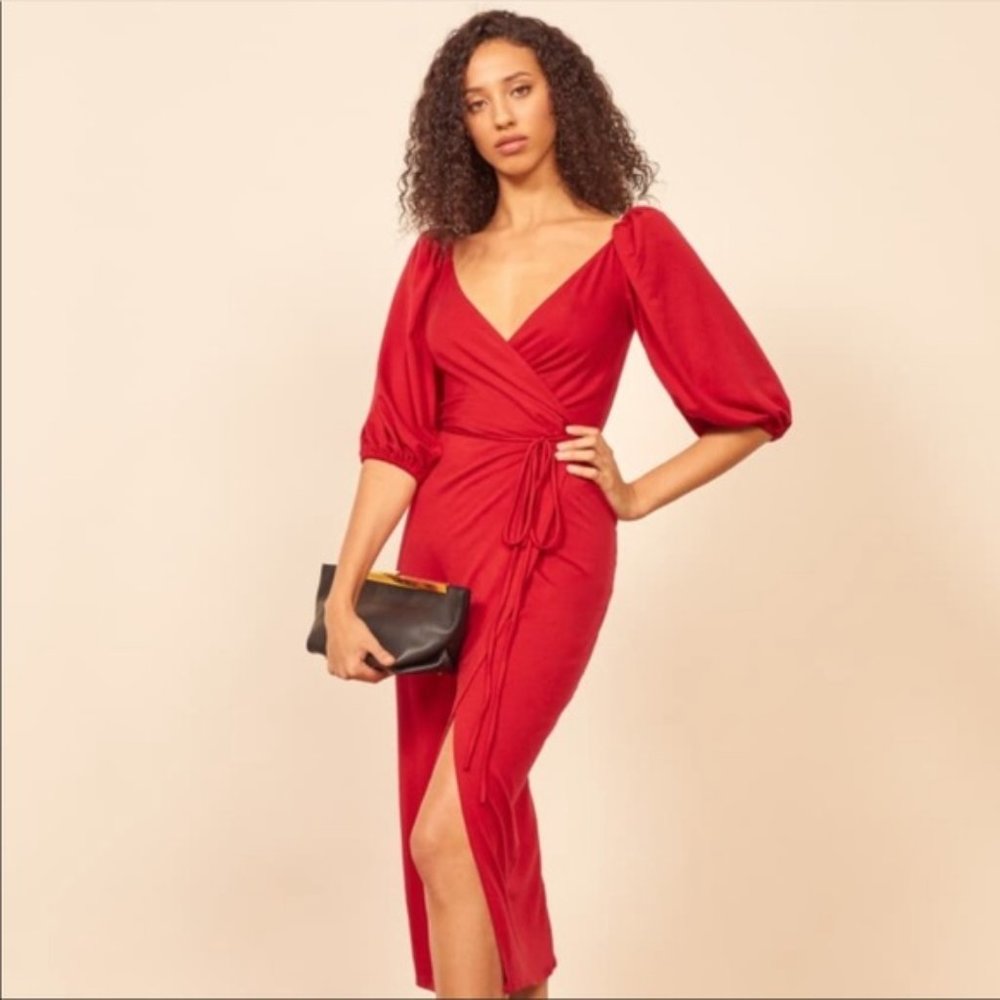 Reformation Calabra Wrap Dress Cherry Red